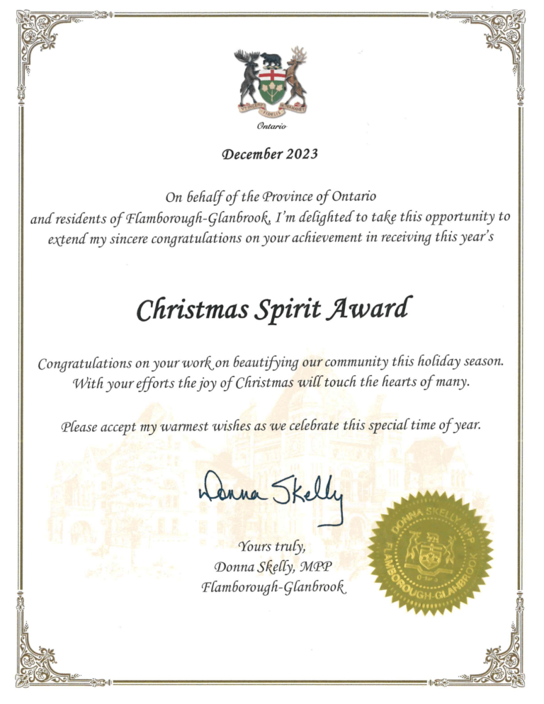 Ontario certificate recognizing the Village’s work beautifying the community during the holiday season, signed by Donna Skelly