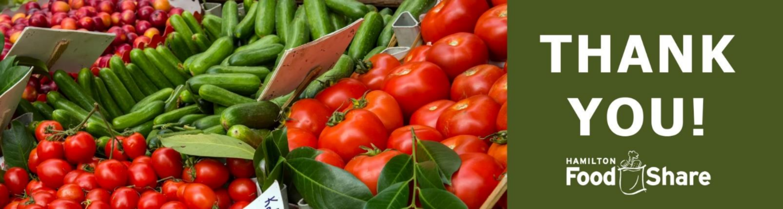 Fresh produce beside a thank-you message from Hamilton Food Share