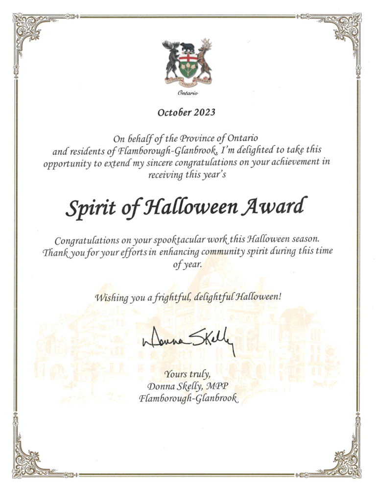 Ontario certificate recognizing the Village’s contribution to community spirit at Halloween, signed by Donna Skelly